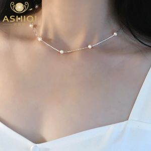 ASHIQI REAL 925 Sterling Silver Necklace Natural Freshwater Pearls Jewelry for Women Wedding Present 240326