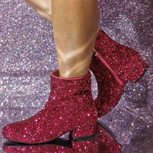 Boots Low Ankle Red Short Botas Women Starlight Decoration Design Side Zipper Girl's Rubber Sole Bottin Femme Hiver 2024