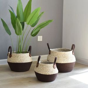 Cesti Zerolife Cesto di vimini alghe marine con manico in rattan Vaso da fiori appeso Cesto per vestiti sporchi Cestino per giocattoli per bambini Ordinamento 3 dimensioni