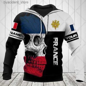 Herrtröjor tröjor Anpassa Frankrike Emblem Skull Pattern Hoodies för Male Loose Herr Fashion Sweatshirts Boy Casual Clothing Overdimensionerade Streetwear L240315