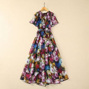 Europeiska och amerikanska kvinnokläder 2024 Spring New Round Neck Short Sleeve Flower Print Fashion Pleated Silk Dress XXL