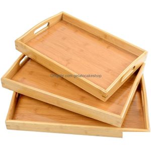 Frühstückstabletts Bambus Holz Teetablett Rectangar Massivholz Servieren Kung Fu Tasse mit Griff Abendessen Brot Obst Essen Teller Drop Deliv Dhayy