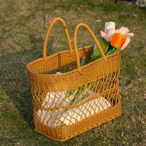 Cestas tecidas à mão cesta de piquenique tecelagem ao ar livre frutas vegetais pão cestas de compras flor decoração organizador com alça portátil