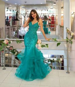Sexy V-Neck Beaded Sequined Mermaid Evening Dresses Spaghetti Straps Beads Sequins Tulle Long Party Prom Gowns Vestido De