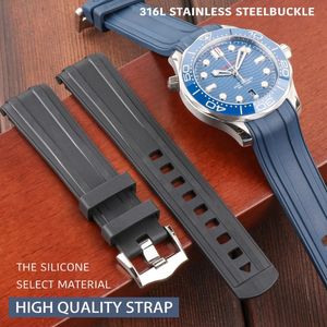 Curved End 20mm Watch Strap Bands Man Blue Black Waterproof Silicone Rubber Watchbands Armband Clip Buckle For Omega Sea Master 296i