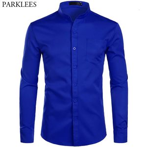 Mens Royal Blue Dress Shirts Brand Banded Mandarin Collar Shirt Male Long Sleeve Casual Button Down With Pocket 2XL 240304