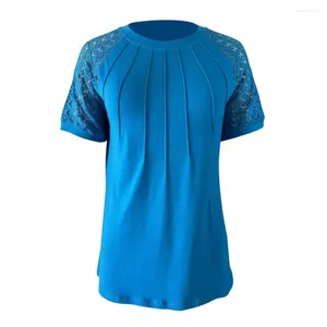 Damenblusen, Damen-T-Shirt, weiche, dehnbare Bluse, stilvolle Sommeroberteile, plissiertes O-Ausschnitt-T-Shirt mit Mesh-Spitzendetails für A