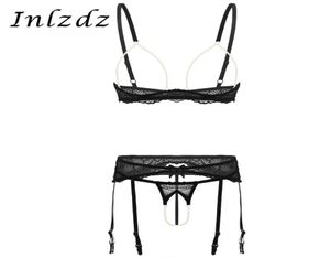 Women039s Sex-Dessous-Anzug, erotisches Perlen-Spitzen-Unterwäsche-Set, offene Körbchen, BH-Oberteil mit Strumpfgürtel und ouvert Gstring-Slip B2729035