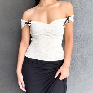 Kvinnors T -skjortor Y2K Lace Crop Top Summer Women Solid Color Off Shoulder Sleeveless Shirt With Bow 2000s Coquette Clothes Streetwear