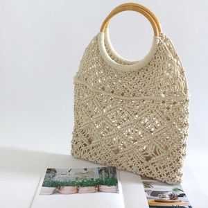 New round rattan hollow cotton rope woven bag, cotton rope mesh bag, vacation grass woven bag, beach 240315