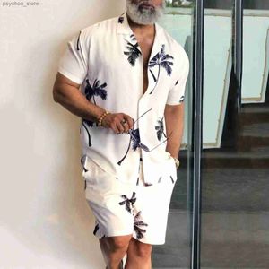 Men's Tracksuits 2022 Summer Hawaii Trend Print Set Mens Hawaii Short sleeved Clothing Set Casual Palm Tree Flower Shirt Beach Short sleeved Set Q240314