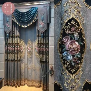 Curtains High Grade Blackout Gray Blue Embroidered Chenille Curtains for Living Room Bedroom Embroidered Tulle Custom Valance Villa