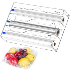 Fack 3 i 1 Plast Wrap Dispenser med Cutter Food Wrap Cling Film Storage Organizer Akryl Foil Organizer för kökslådan