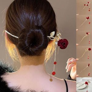 Hårtillbehör Retro Rose Flower Tassel Hairpin Women Chinese Girls Chopsticks Headwear Elegant Style M0p3