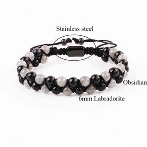 Moda pulseira de pedras preciosas natural 6mm labradorite preto ágata contas cabo artesanal trançado macrame pulseira masculino women248y