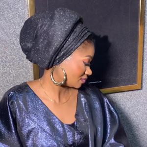 Elegant African Auto Gele Headtie Kvinnliga huvud Wraps Nigeria Party Headpiece Turbante Glitters Pleated Womens Turban Cap 240301
