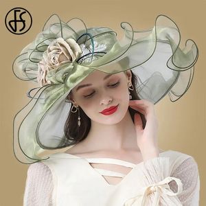 FS Flower Fascynator Women Brim Wedding Church Organza Sun Hat Elegancki duże kobiety Fedoras 240226