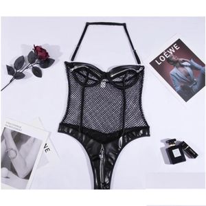 Bras Sets Leosoxs Black Mesh Sexy Porn Underwear Pu Leather Halter Erotic Lingerie Shapewear Punk Style Open Bra Zipper Intimate Kit Dhevw