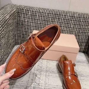 Caramel Colored British Monk New Spring, Autumn, and Winter Double Buckle Carved Block Small Leather Shoes for Women