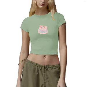 Mulheres Camisetas Bolo Impresso Bebê Crop Top Mulheres Verão Redondo Pescoço Manga Curta Slim Skinny Camisetas Y2K Estética Kawaii Tees Streetwear