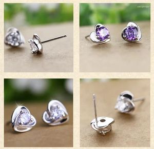 Stud Earrings Genuine 925 Sterling Silver Woman Earring Elegant Purple CZ Crystal Heart Antiallergic Fashion Jewelry