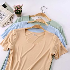 Thin Womens Ice Silk Seamless Short Sleeve Tailored Fit T-shirt Backing Half Sleeve Shirt