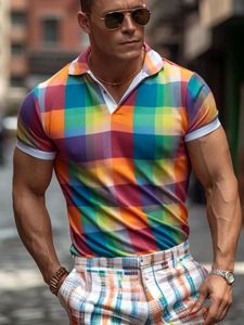 Mens Rainbow Plaid Polo Shirt 3D Printed Polo Shirt Casual Collar Regular Fit Polo Shirt 240312