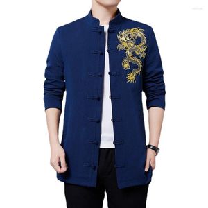 Men's Jackets 2024 Chinese Style Long Jacket Black / Blue Fashion Men Casual Standing Collar Embroidered Trench Coat