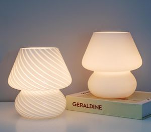 Glass LED Desk Lamp For Bedroom Bedside Korean Ins Style Striped Mushroom Table Decor Cute Translucent Ring8671937