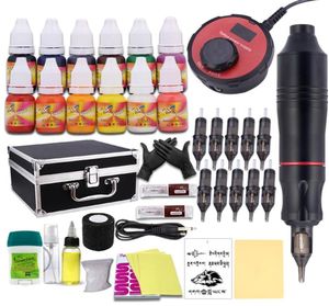 Professional Tattoo Pen Kit Rotary Machine Gun Set LCD Mini Power Tattoo Pedal Switch Supply med Aluminium Box4106176