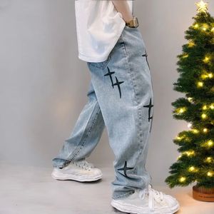 Dżinsy haftowe mężczyźni szerokie nogi spodni streetwear w ludź luźne proste ubranie męskie Y2K Hip Hop Spodni 240305