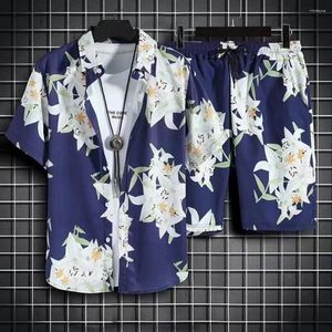 Herren-Trainingsanzüge, Herren-Hemd, Shorts-Set, Tropischer Blätter-Aufdruck, hawaiianisches Outfit mit elastischem Kordelzug an der Taille