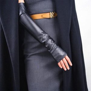 Women's Thin Long Fingerless Pu Leather Driving Gloves Winter Warm Half Finger Arm Sleeve Nightclub Show Touch Screen Mitten 2523