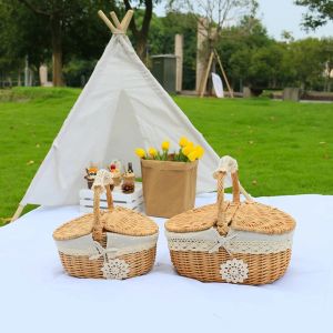 Cestas de rattan cesta de piquenique tecido vime acampamento ao ar livre cesta de armazenamento com alça pão frutas comida café da manhã flor cesta orginazer