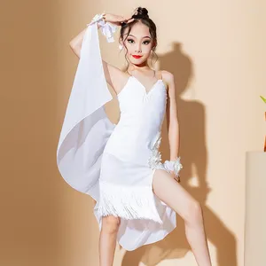 Stage Wear White Tassel Latin Dance Competition Dress Girls ChaCha Dancing Clothes Children Samba Rumba Salsa Practice Outfit VDB6916