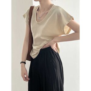 Yan Shuangs three-dimensional minimalist U-neck short sleeved T-shirt for womens 2024 summer new versatile slimming wide cuffed top 676