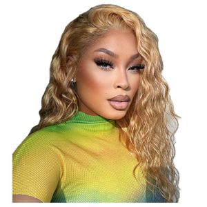 Honey Blonde Colored #27 Human Hair Wigs Water Wave 13x4 Lace Front Human Hair Wigs Transparent Lace Pre Plucked Hairline Curly