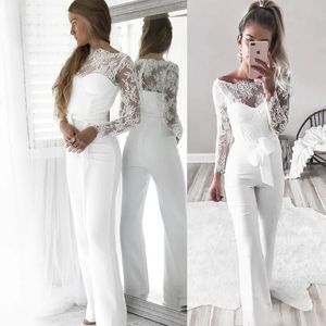 Elegant Woman Jumpsuit for Wedding White Lace Perspective Long Sleeve High Waist Straight Pant Bride Sexy Evening Party Jumpsuit 240304
