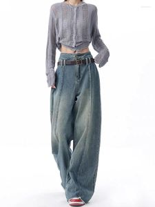 Kadınlar kot retro tarzı yüksek bel ekleme tasarım pantolon gündelik mavi vintage Amerikan sokak dişi düz denim pantolon