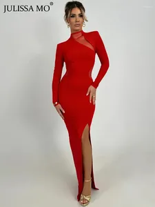 Casual Dresses O Neck Long Sleeve Split Solid Evening Dress Women 2024 Fashion Elegant Slim Fit Patchwork Mesh Maxi