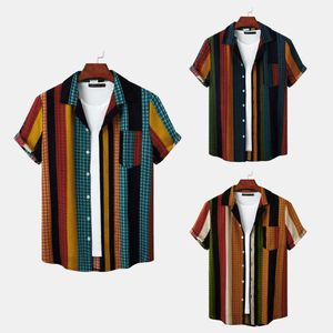 Summer new mens beach style cotton linen striped short sleeved shirt European casual shirt