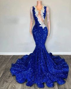 Royal Blue Sequin Prom Dresses Tassel Applique Mermaid Party Gowns Sheer Neck African Women Gala Dress