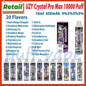 Perakende Uzy Crystal Pro MAX 10000 Puf Puf Tek Kullanımlık E Sigara 20 Teşerler 650mAh Şarj Edilebilir Bettery 16ml Önceden Doldurulmuş Pod 10K Puflar Vape Kalem Kiti