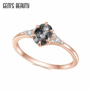 Gems Beauty Silber 925 Reines Roségold 14 K Silber Ring Kof Für Frauen Schwarzer Rutilquarz Luxusringe Edlen Schmuck 240313