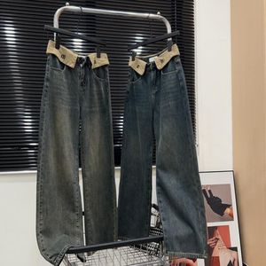 Damen-Designer-Jeans, hoch taillierte Röhrenjeans, Buchstaben-Design, Retro-Jeans in Used-Optik, tiefblaue Jeans für Männer und Frauen