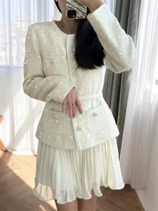 2024 Yeni Kendinden Port * Rait Diş Beyaz Sahte İki Parçalı Ağır Hizmet Glitter Tweed Patchwork Şifon Pileli Elbise