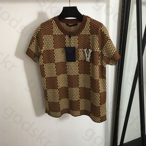 ファッションカラーコントラストTシャツの女性ネイルドリル刺繍文字薄いブラウスデザイナー格子縞のニットトップ