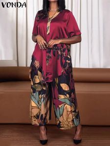 Плюс размер Vonda Bohemian Printed Bants Set Elegant Suits 2023 Summer Vneck с коротким рукавом нерегулярные подол Случайные наборы 240307