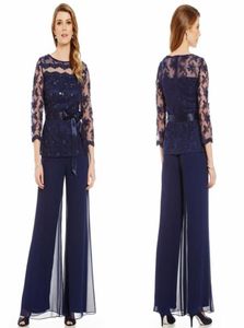 Fashionable Mother Of Bride Pant Suit Long Sleeves Lace Plus Size Mother Bride Beads Ribbon Evening Dresses Fashion4297959