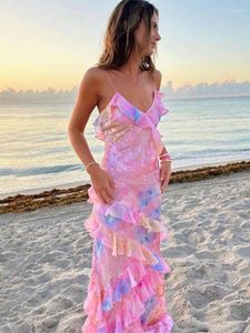 Casual Dresses Boho Sexy V Neck Colorful Ruffles Sling Dress Women Backless Sleeveless Floor Length Slim Robe 2024 Lady Beach Holiday